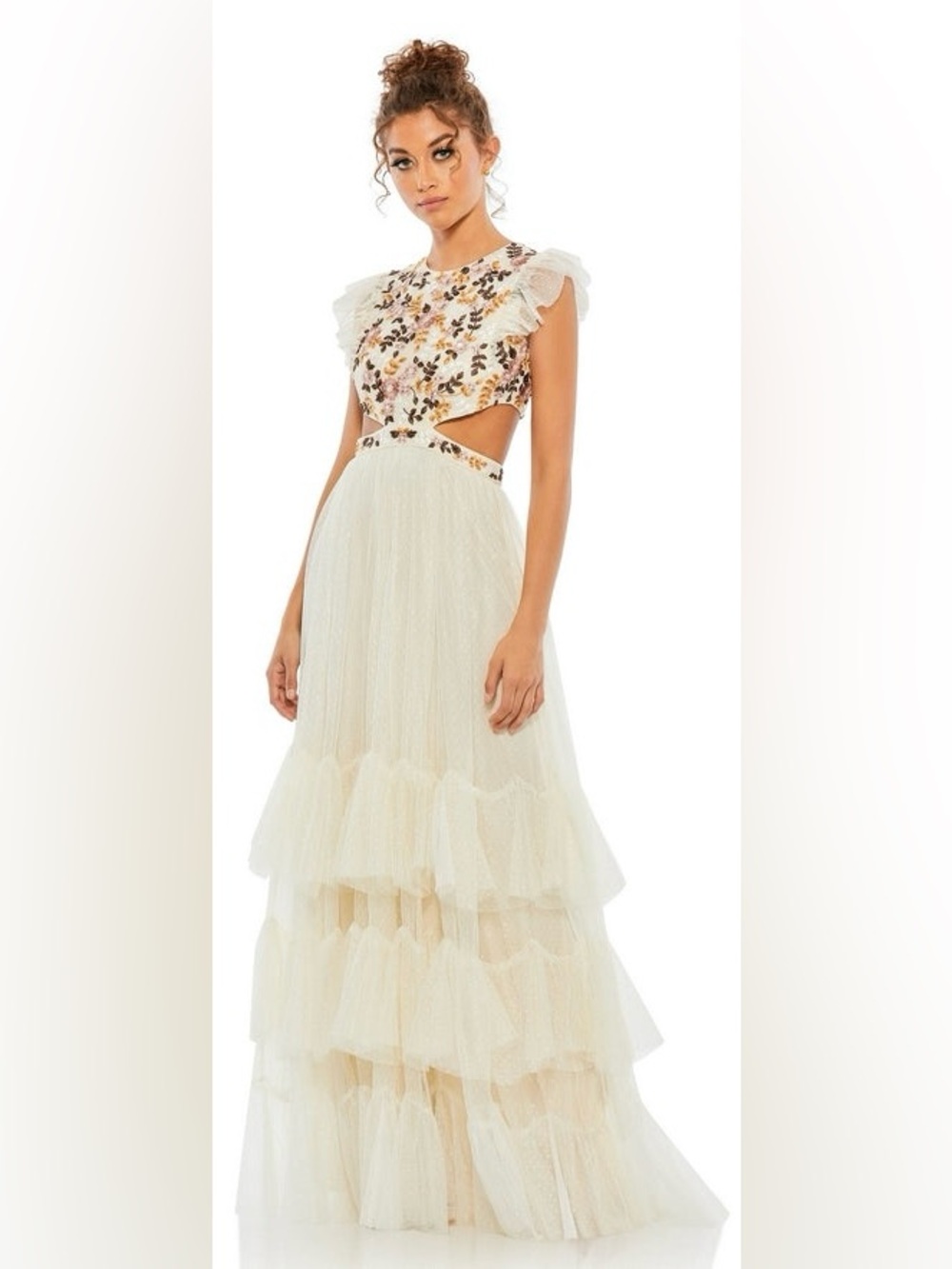 MAC  DUGGAL SIZE  10 Embroidered Bodice Cap Sleeve Ruffle Gown Cream Tiered NEW